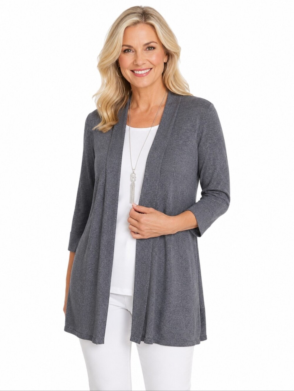 Chico’s Gray Open Front 3/4 Sleeve Lightweight Cardigan Size Large